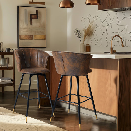 Pair of 30'' Counter & Bar Stools Vintage Brown Suede Fabric