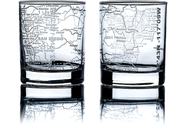 San Diego Etched Street Grid Whiskey Glasses: SET OF 2