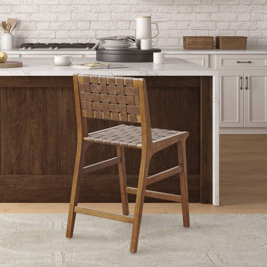 Vegan Leather Woven Midcentury Modern Counter Stool