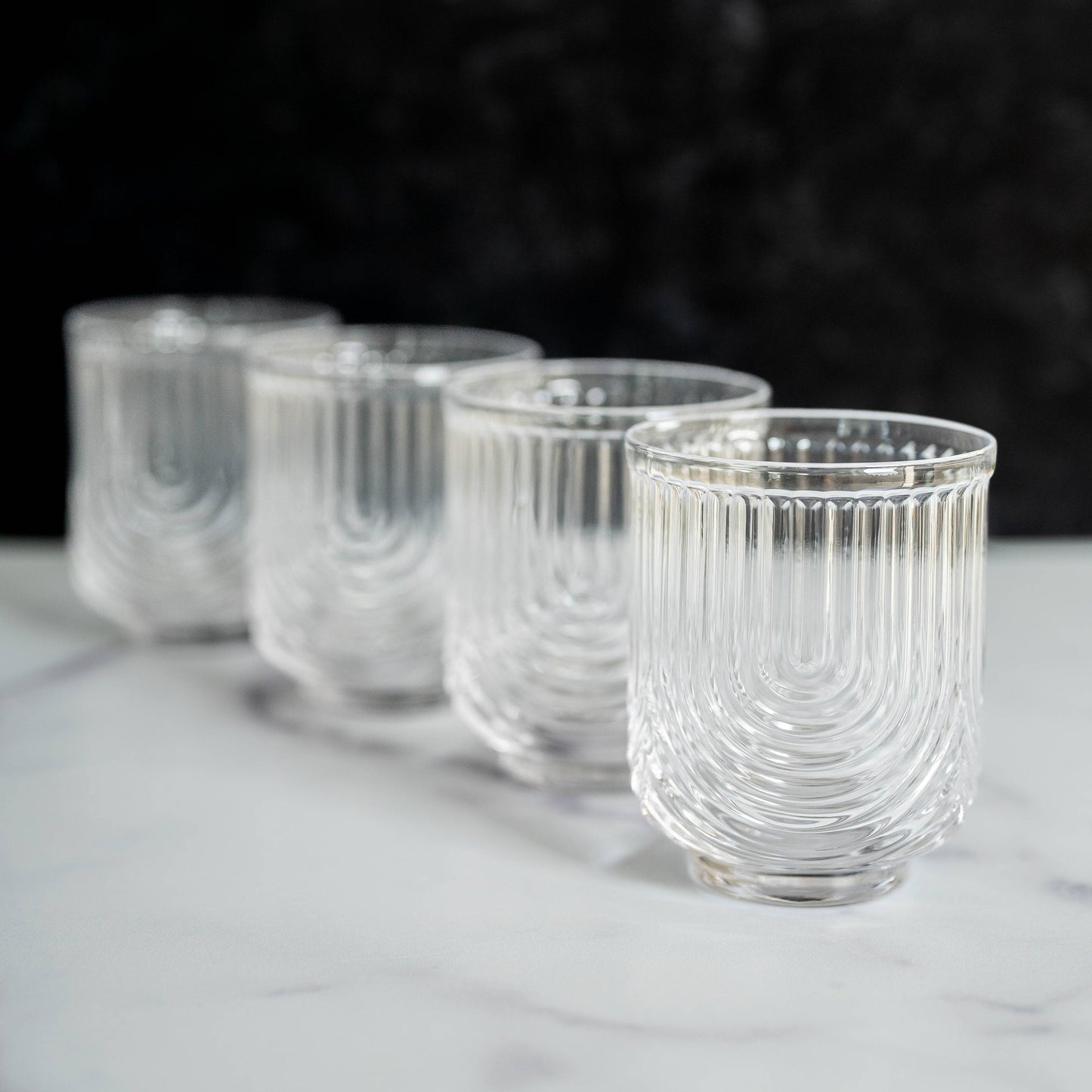 Art Deco Cocktail Glasses - Lowball Ribbed Wave Glasses. Set of 4.