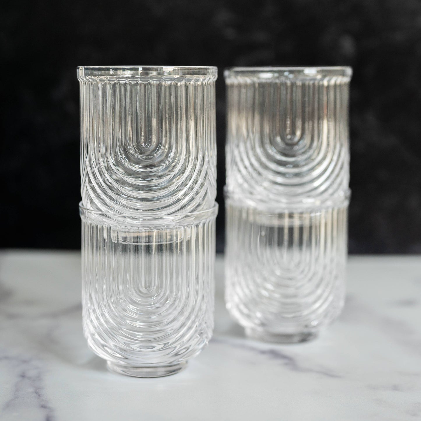 Art Deco Cocktail Glasses - Lowball Ribbed Wave Glasses. Set of 4.