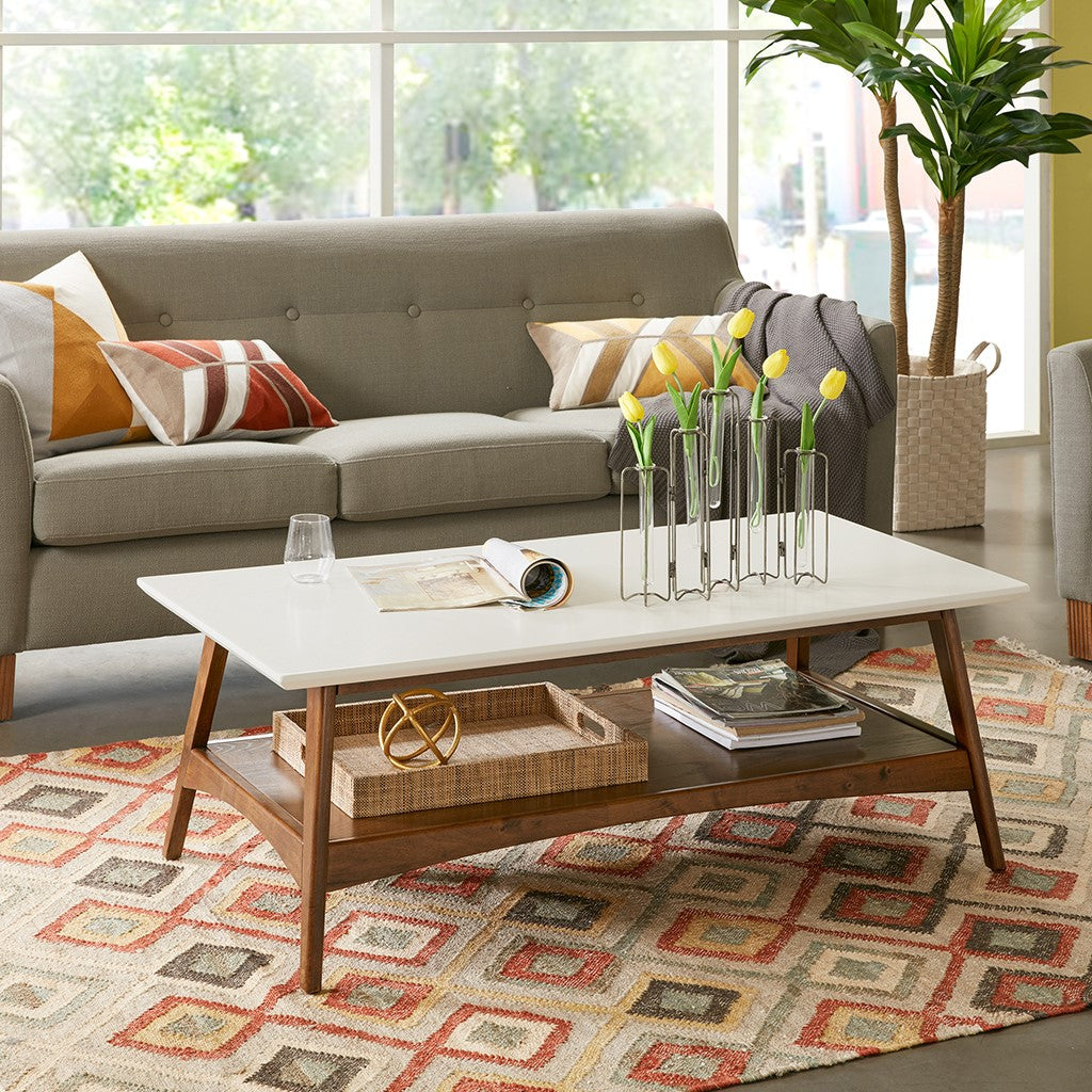 Midcentury Modern Pecan Wood Coffee Table with Bottom Shelf