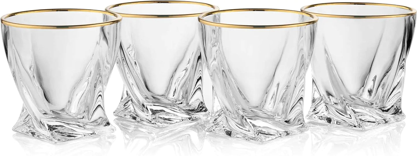 Juego de 4 vasos de whisky retorcidos con borde dorado