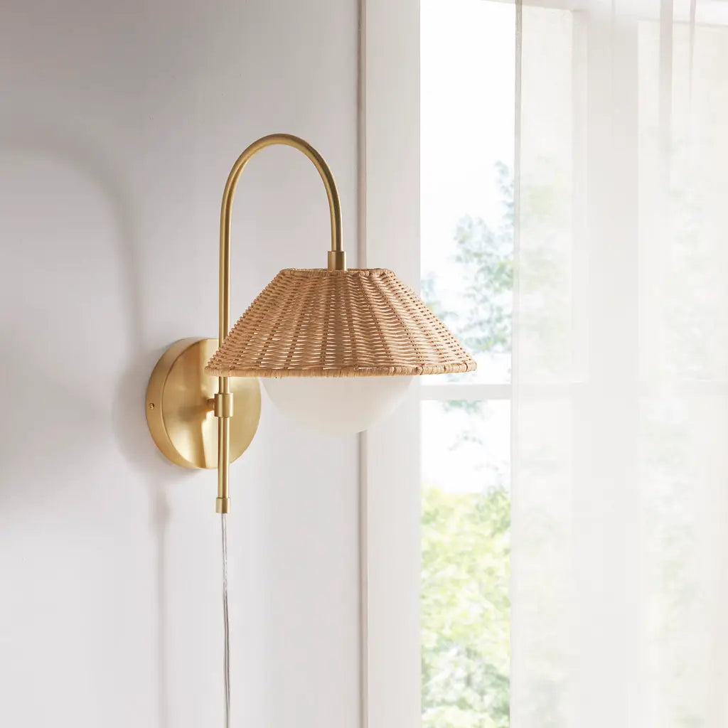 Rattan Weave Gold Plug-in Wall Sconce Light