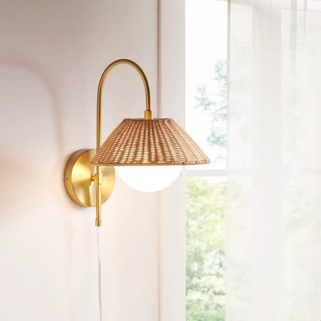 Rattan Weave Gold Plug-in Wall Sconce Light