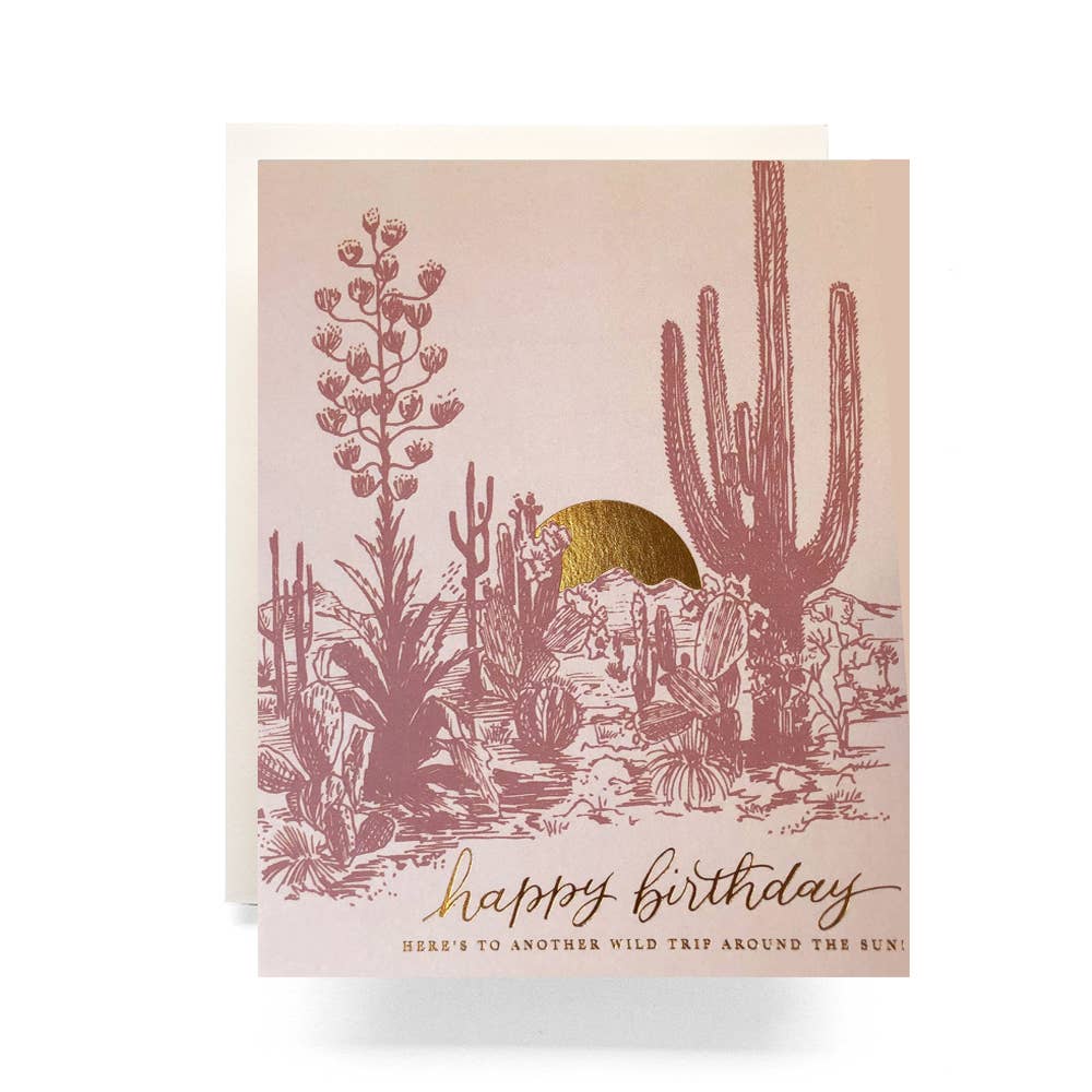 Tarjeta de felicitación de cumpleaños con puesta de sol de cactus