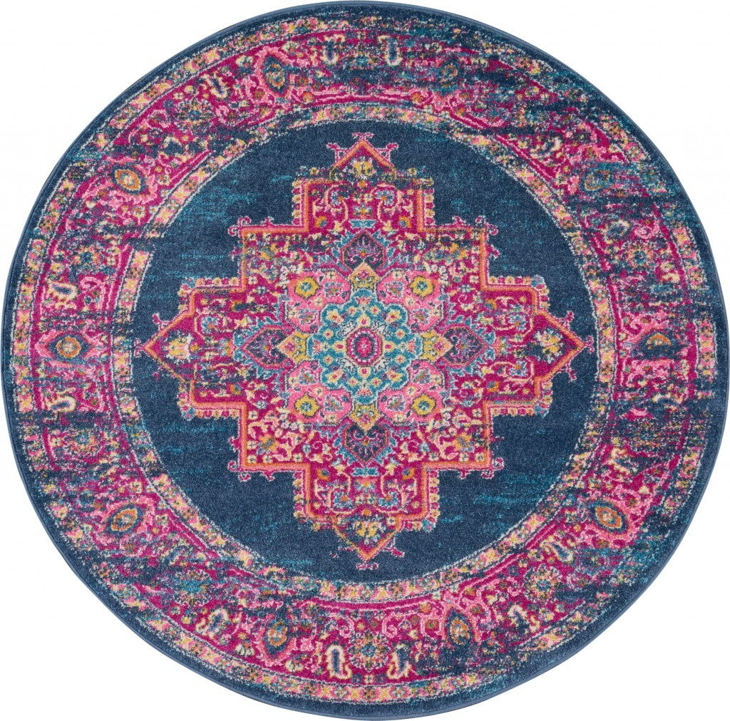 4' Blue Round Power Loom Area Rug