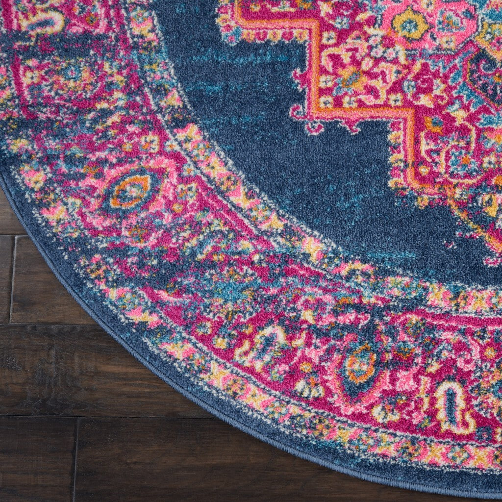 4' Blue Round Power Loom Area Rug