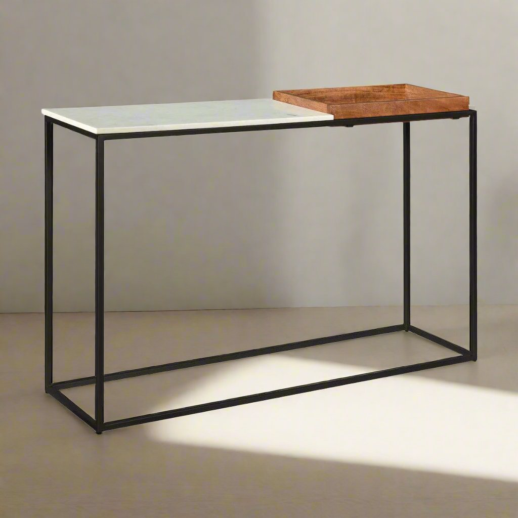 Marble & Metal Console Table with Wood Tray