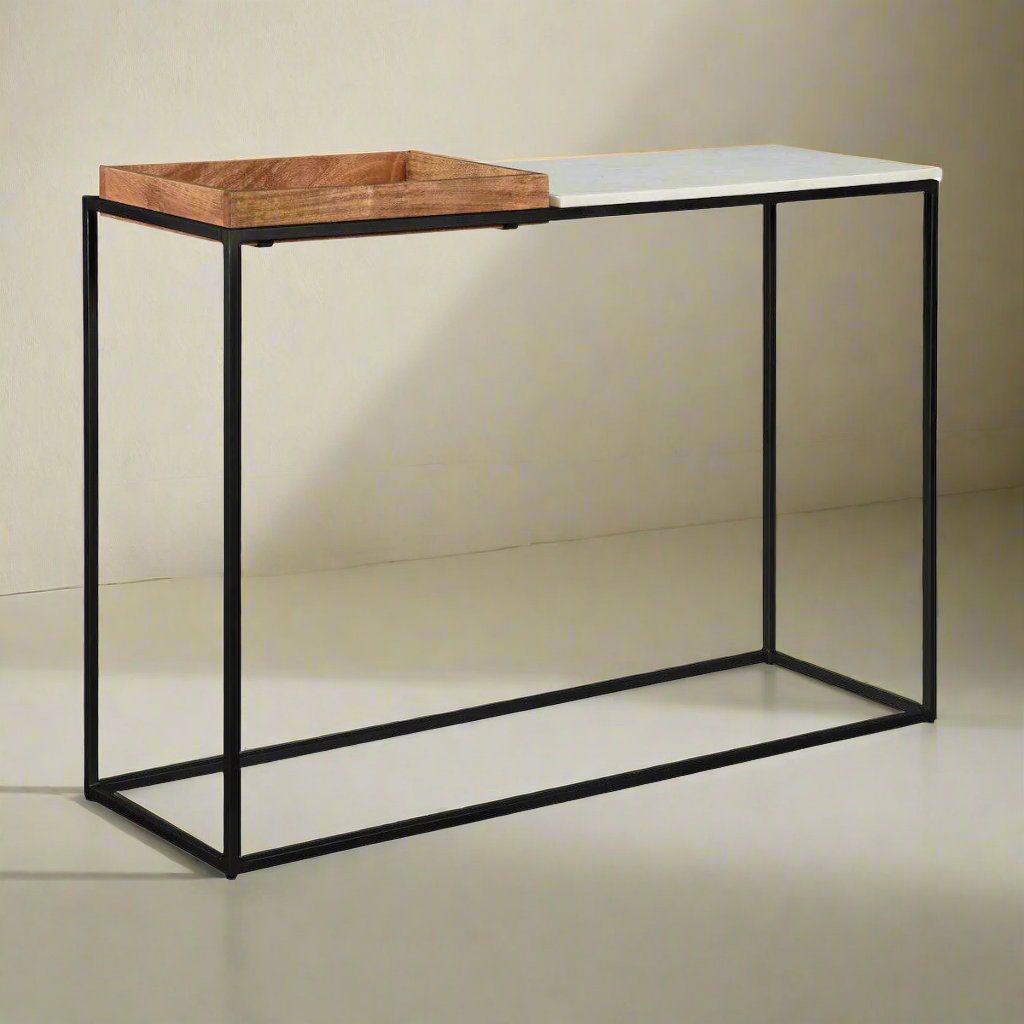 Marble & Metal Console Table with Wood Tray