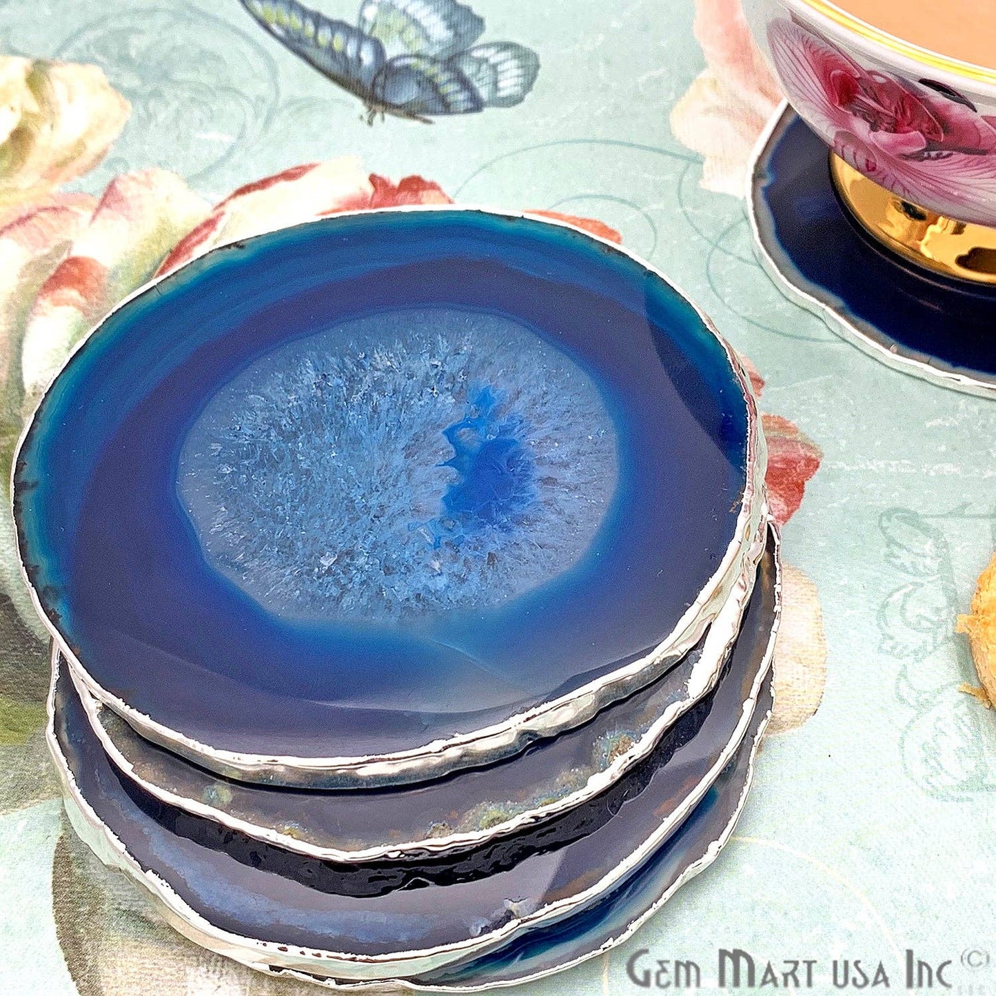 Natural Blue Agate Coaster Set Drinkware Electroplated Edge