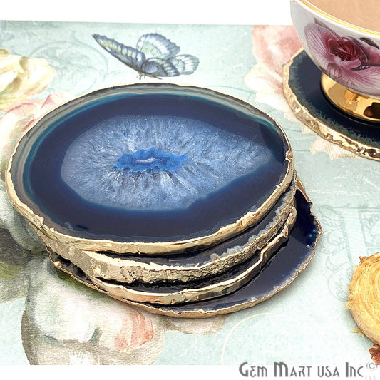 Natural Blue Agate Coaster Set Drinkware Electroplated Edge