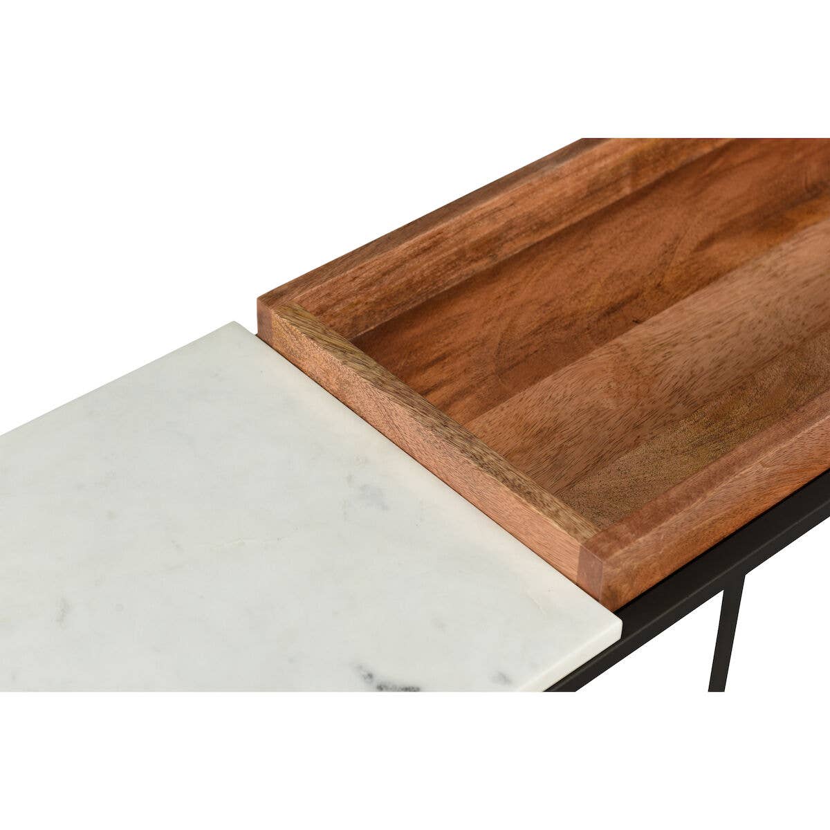 Mesa consola de mármol y metal con bandeja de madera