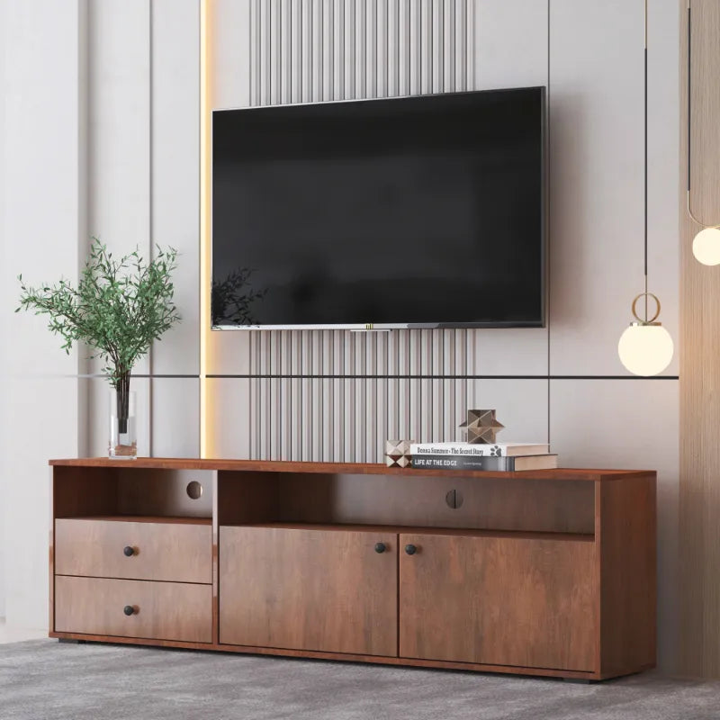 Mueble de TV de estilo moderno con múltiples compartimentos en marrón oscuro