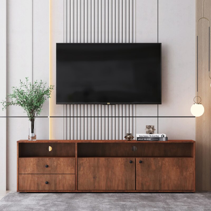 Mueble de TV de estilo moderno con múltiples compartimentos en marrón oscuro