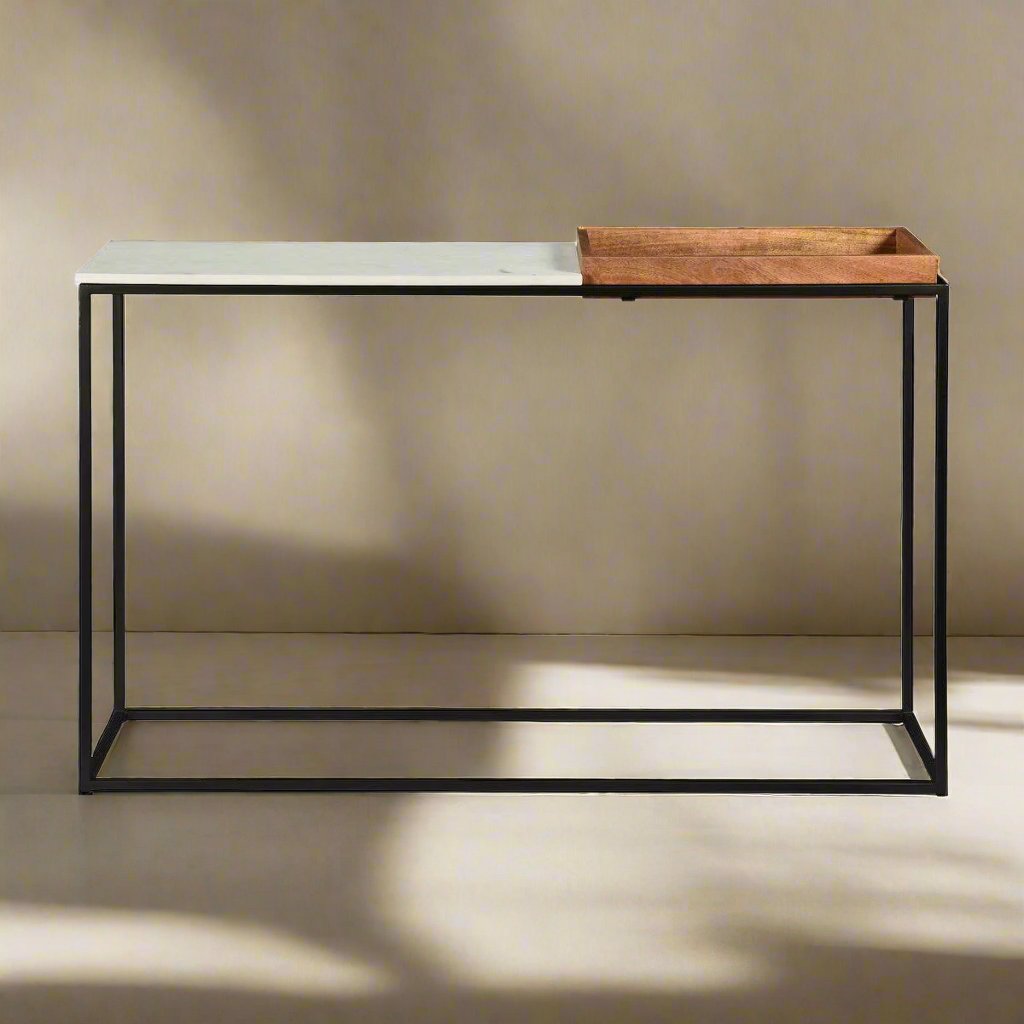 Marble & Metal Console Table with Wood Tray