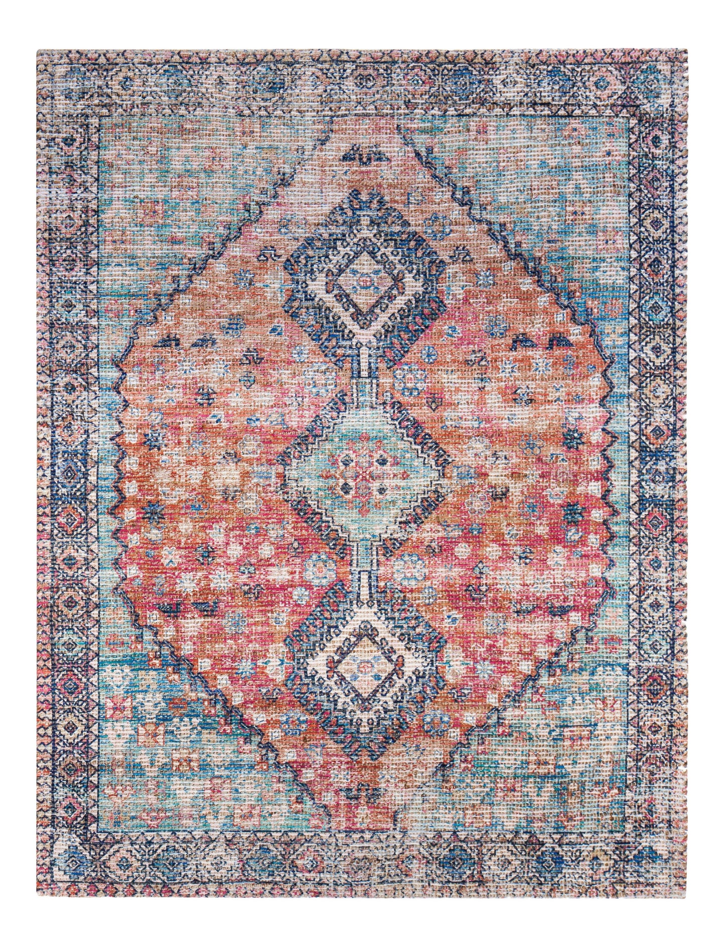 a multicolored rug with an ornate design