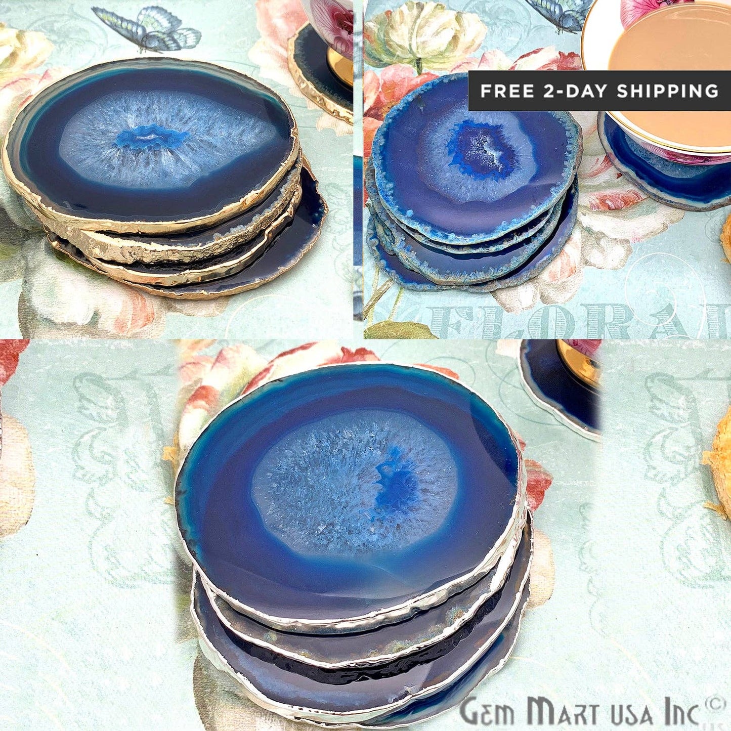 Natural Blue Agate Coaster Set Drinkware Electroplated Edge