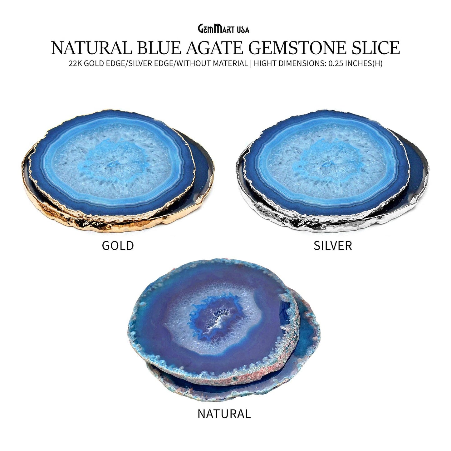 Natural Blue Agate Coaster Set Drinkware Electroplated Edge