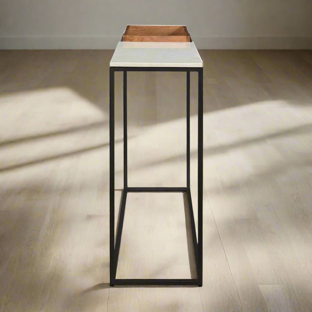 Marble & Metal Console Table with Wood Tray